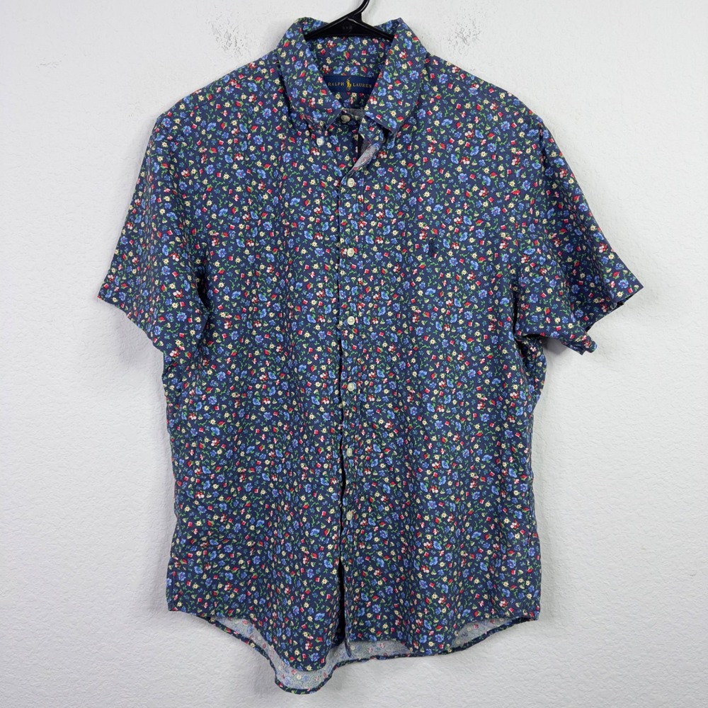 Ralph Lauren Shirt Mens L Blue Allover Floral Short Sleeve Button Coastal Preppy